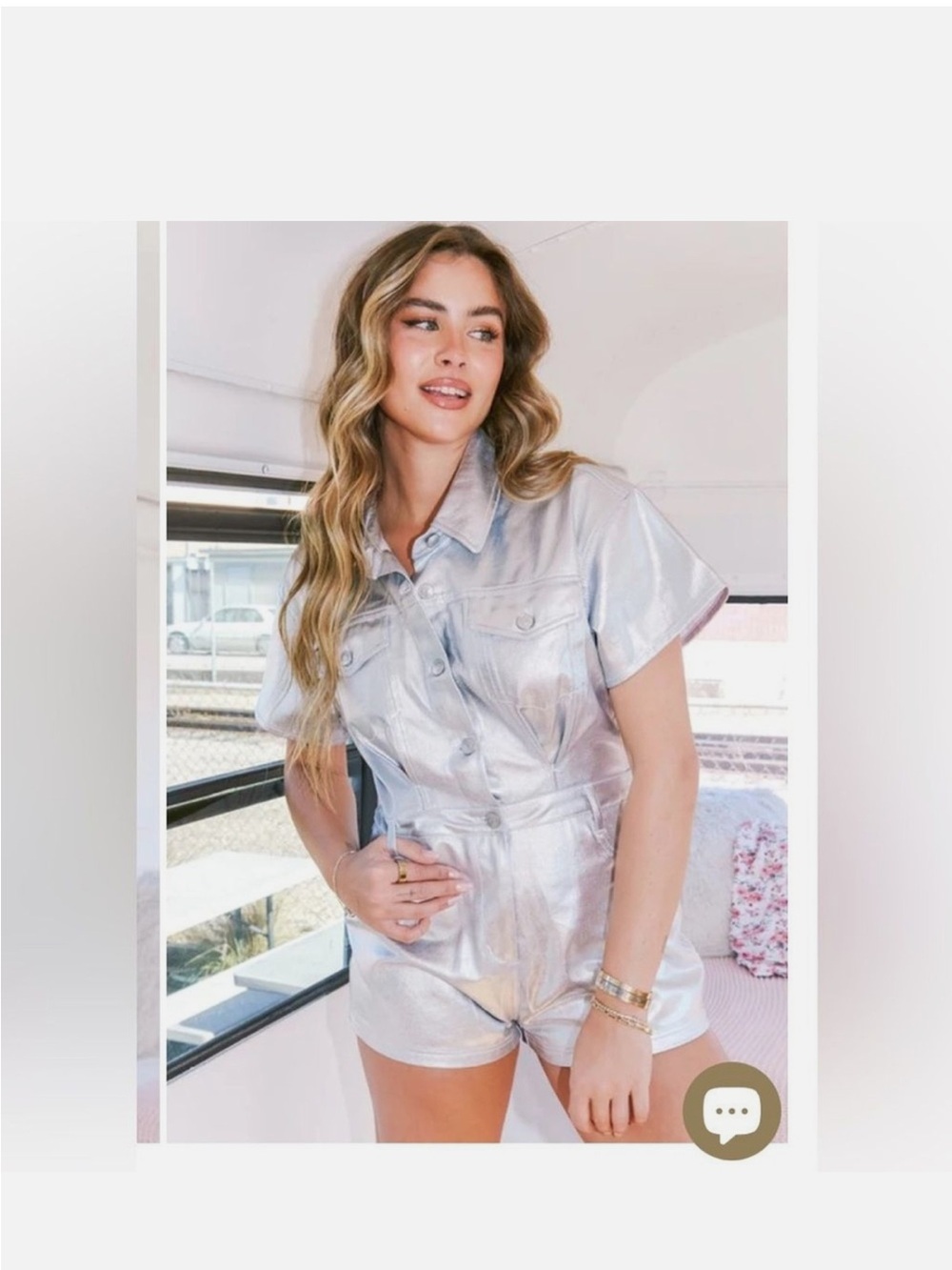 Peach Love California Metallic Silver Short Sleeve Romper